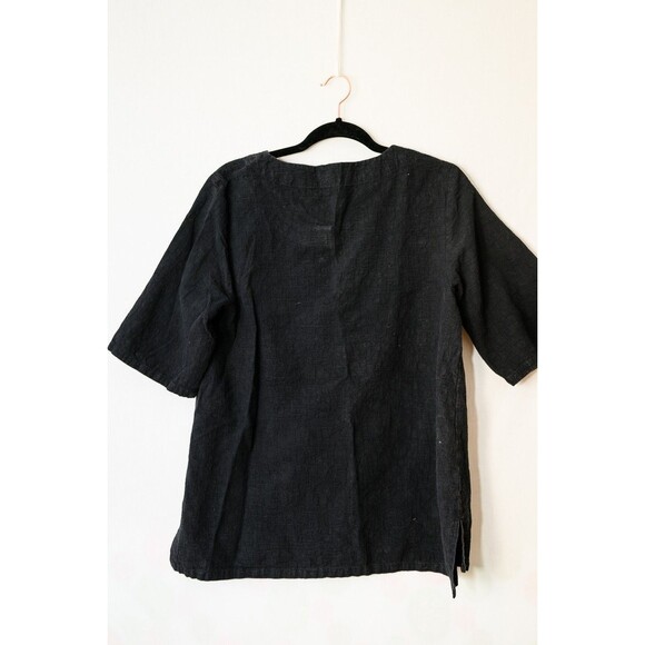 Black cotton linen blend M short sleeve top womens lagenlook oversized - Picture 3 of 6